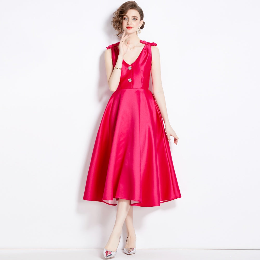 CM-DY002760 Women Elegant European Style V-Neck Sleeveless Midi Dress - Rose Red