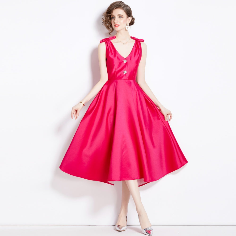 CM-DY002760 Women Elegant European Style V-Neck Sleeveless Midi Dress - Rose Red