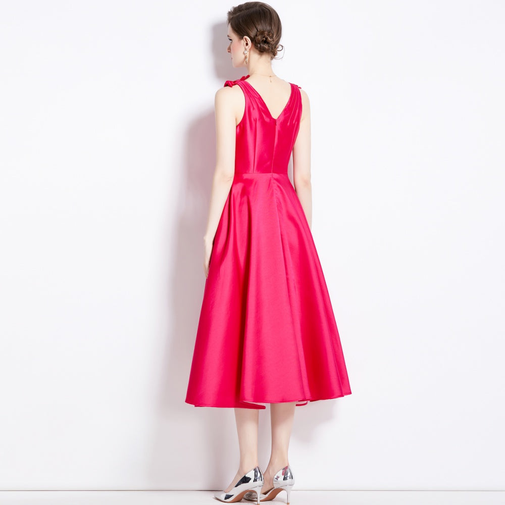 CM-DY002760 Women Elegant European Style V-Neck Sleeveless Midi Dress - Rose Red