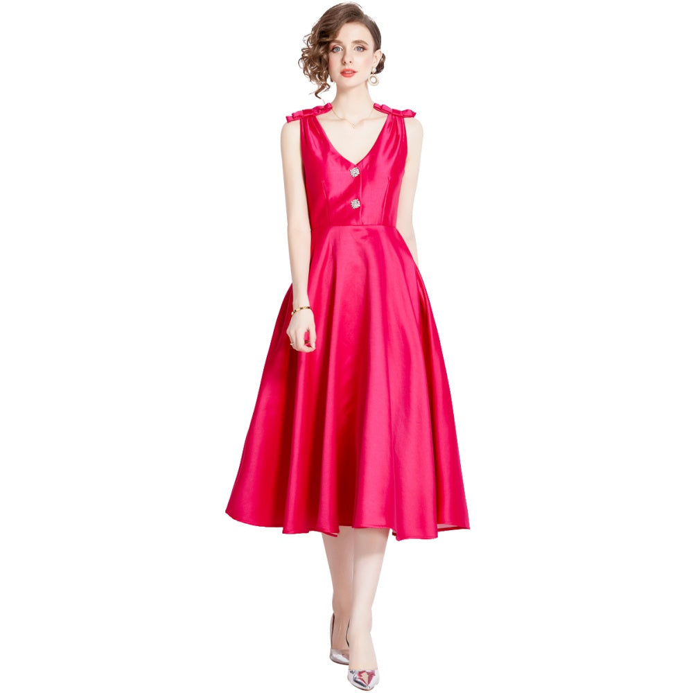 CM-DY002760 Women Elegant European Style V-Neck Sleeveless Midi Dress - Rose Red