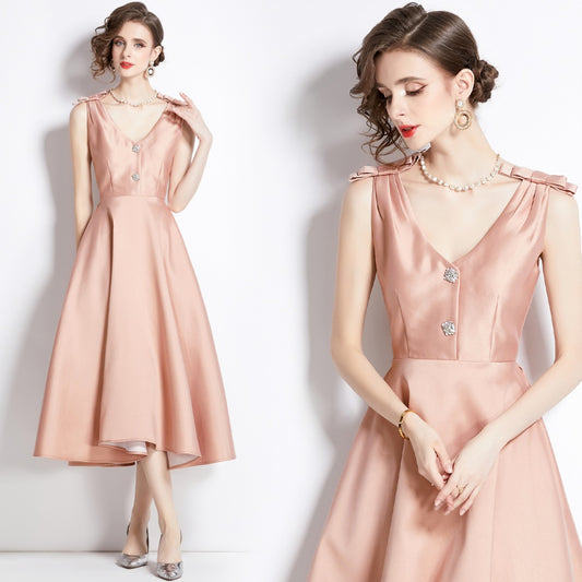 CM-DY002761 Women Elegant European Style V-Neck Sleeveless Midi Dress - Apricot