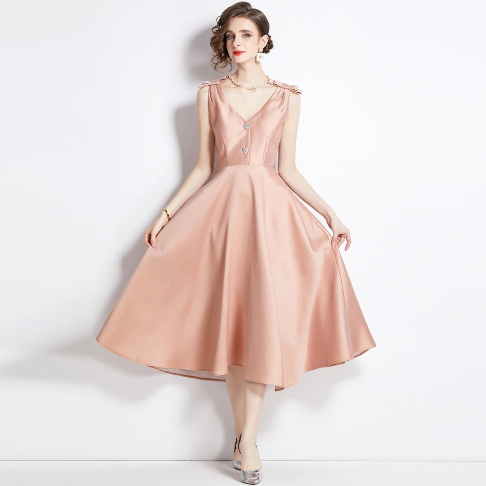 CM-DY002761 Women Elegant European Style V-Neck Sleeveless Midi Dress - Apricot