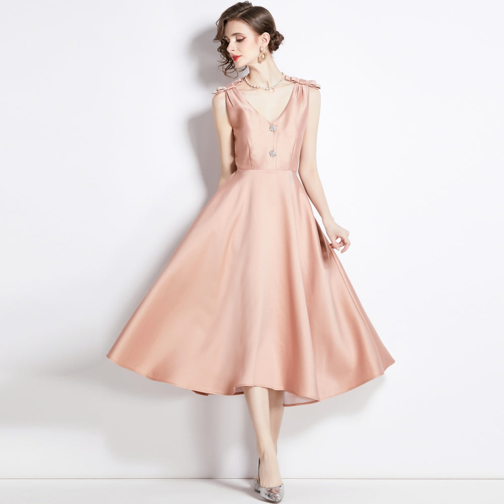 CM-DY002761 Women Elegant European Style V-Neck Sleeveless Midi Dress - Apricot