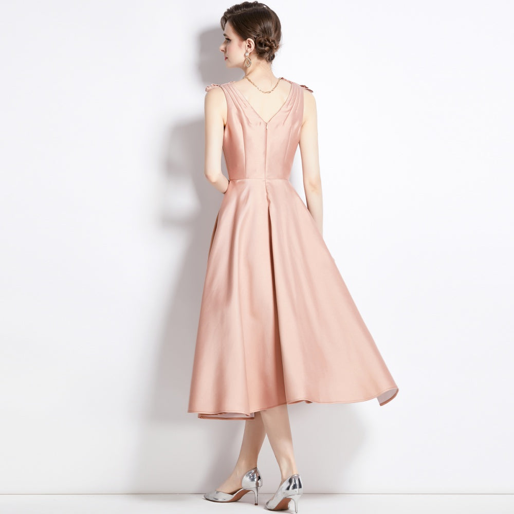 CM-DY002761 Women Elegant European Style V-Neck Sleeveless Midi Dress - Apricot
