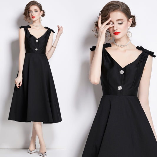 CM-DY002762 Women Elegant European Style V-Neck Sleeveless Midi Dress - Black