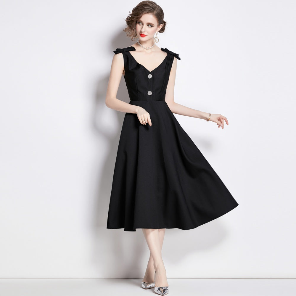CM-DY002762 Women Elegant European Style V-Neck Sleeveless Midi Dress - Black