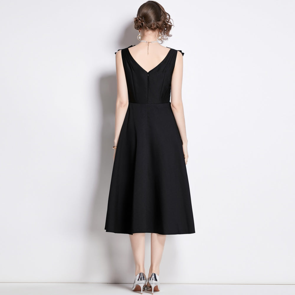 CM-DY002762 Women Elegant European Style V-Neck Sleeveless Midi Dress - Black