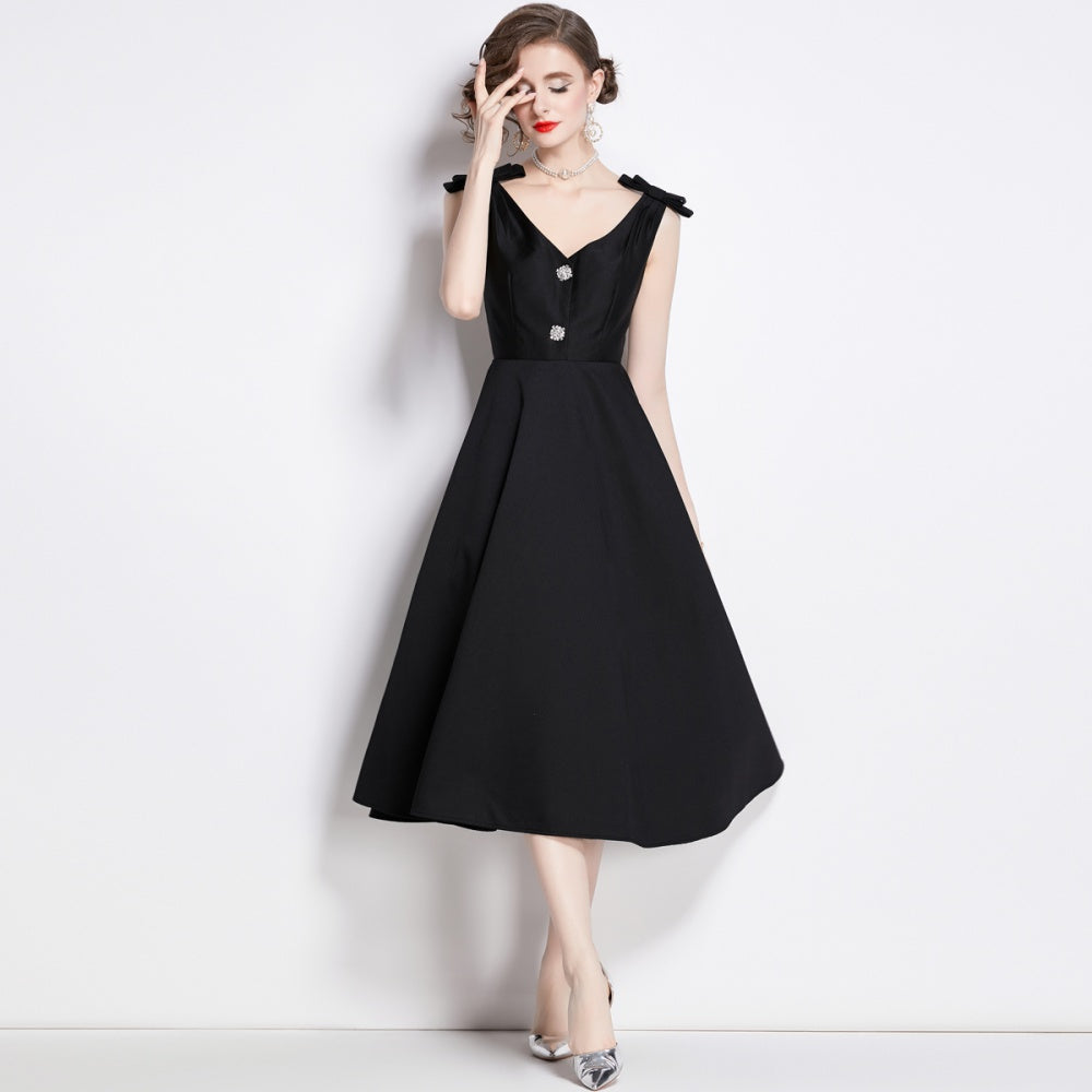 CM-DY002762 Women Elegant European Style V-Neck Sleeveless Midi Dress - Black