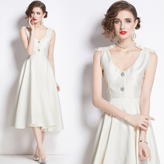 CM-DY002763 Women Elegant European Style V-Neck Sleeveless Midi Dress - Beige