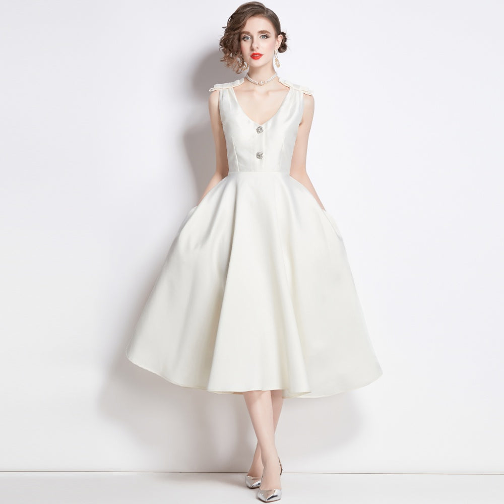 CM-DY002763 Women Elegant European Style V-Neck Sleeveless Midi Dress - Beige