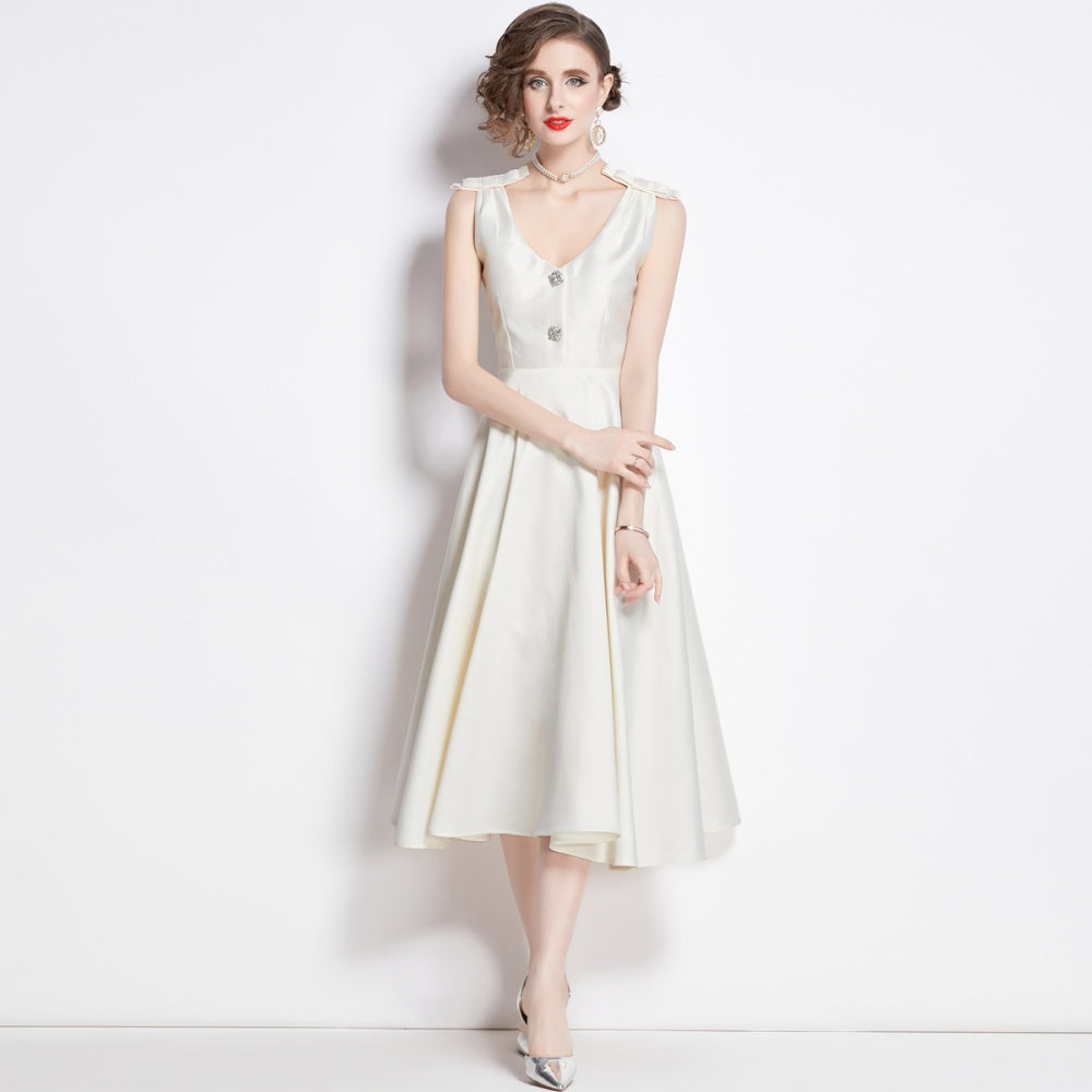 CM-DY002763 Women Elegant European Style V-Neck Sleeveless Midi Dress - Beige