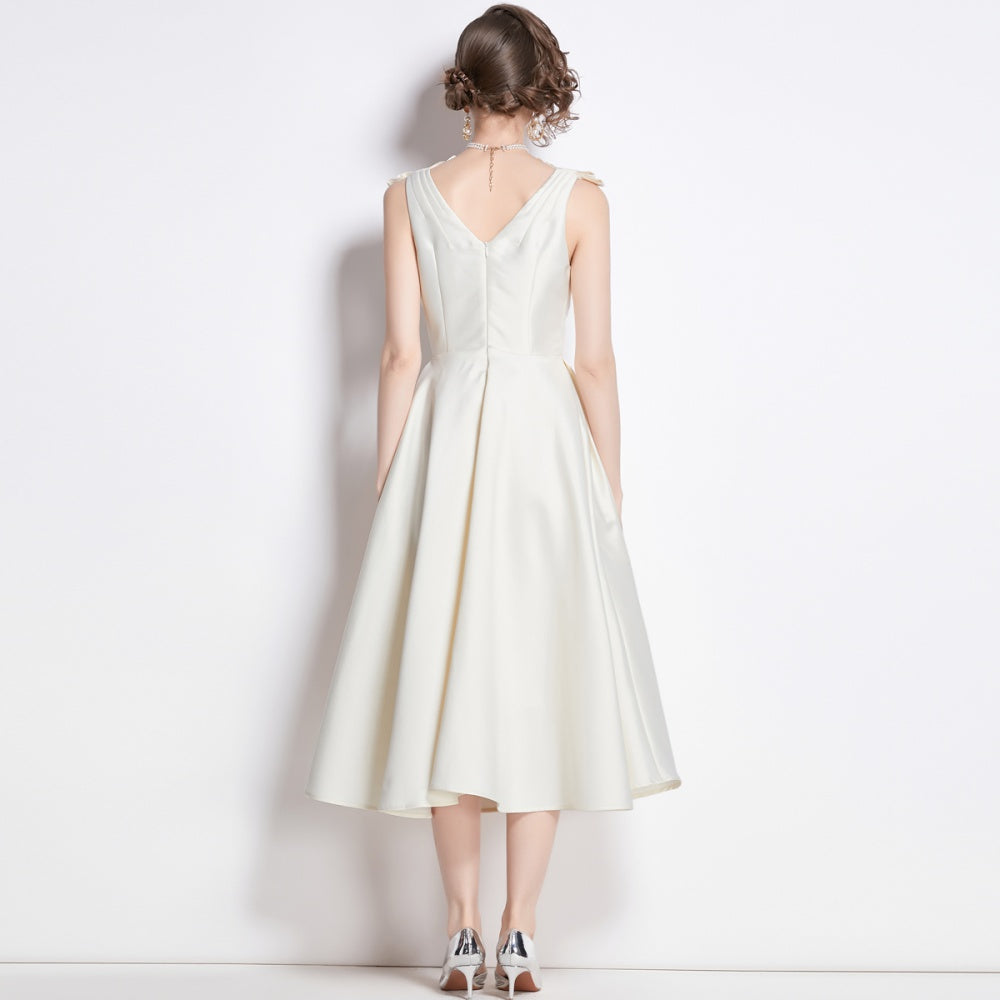 CM-DY002763 Women Elegant European Style V-Neck Sleeveless Midi Dress - Beige
