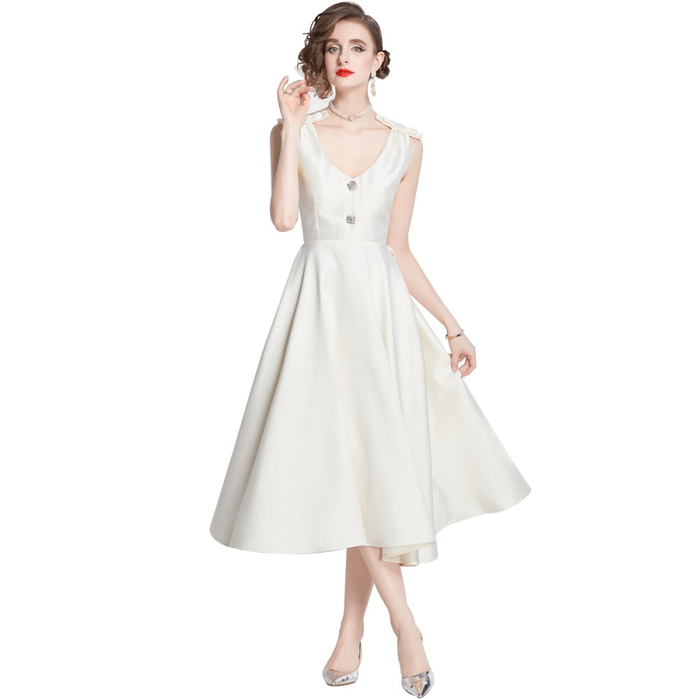 CM-DY002763 Women Elegant European Style V-Neck Sleeveless Midi Dress - Beige