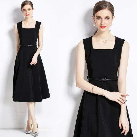 CM-DY002767 Women Elegant European Style Square Collar Sleeveless A-Line Dress - Black
