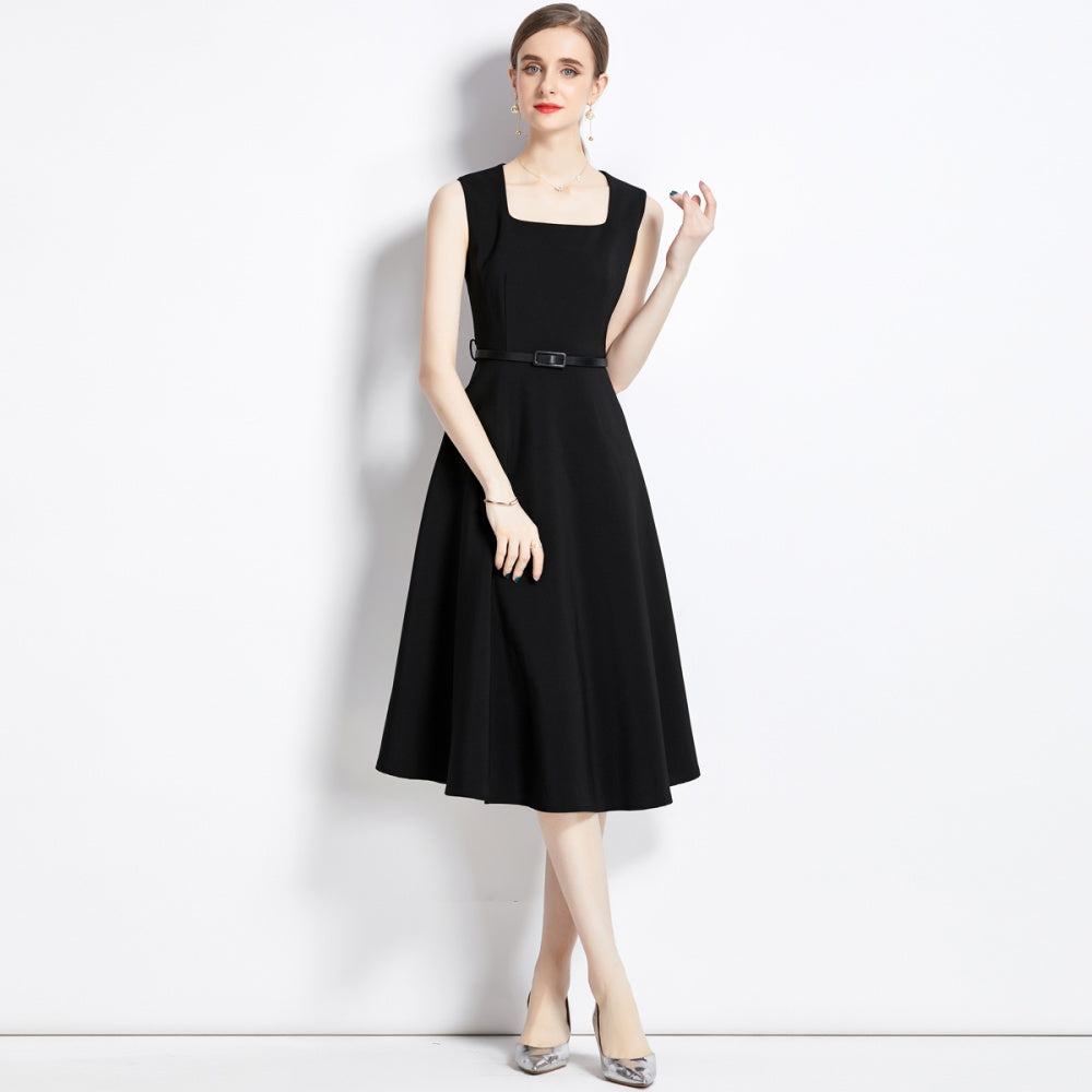 CM-DY002767 Women Elegant European Style Square Collar Sleeveless A-Line Dress - Black