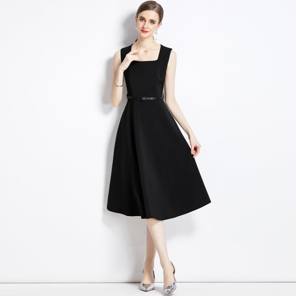 CM-DY002767 Women Elegant European Style Square Collar Sleeveless A-Line Dress - Black
