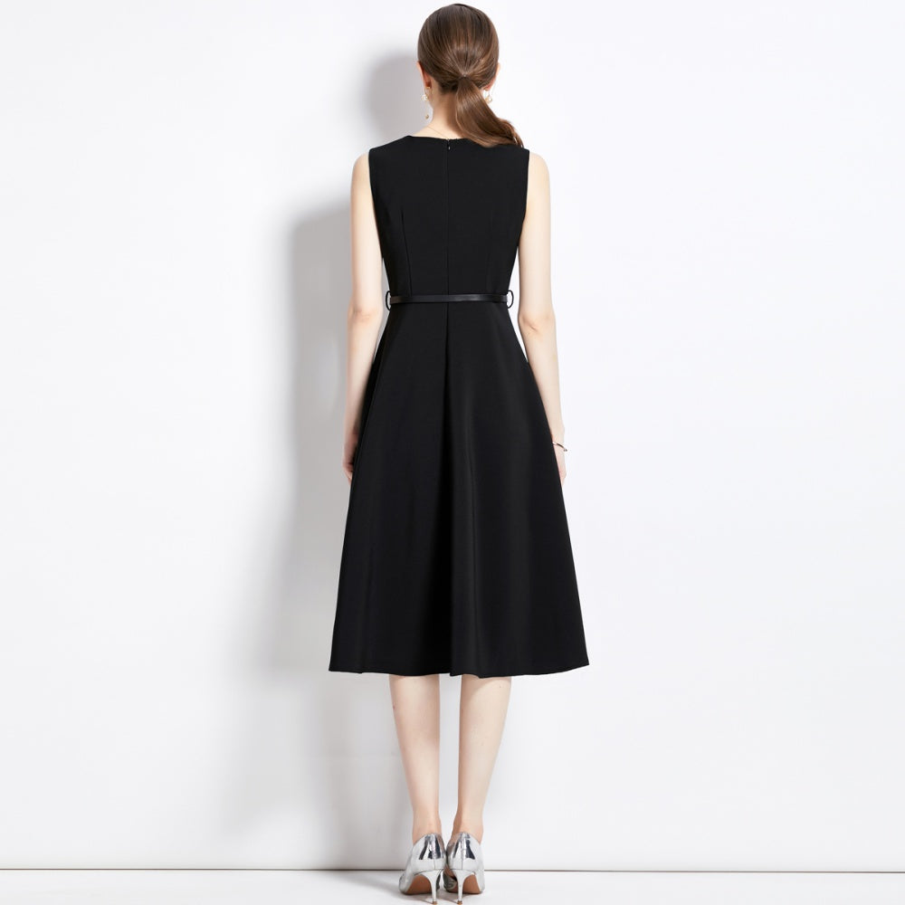 CM-DY002767 Women Elegant European Style Square Collar Sleeveless A-Line Dress - Black