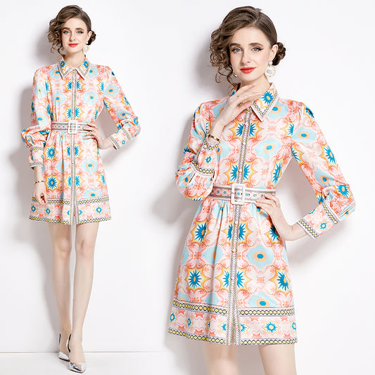CM-DY002804 Women Elegant European Style Shirt Collar Long Sleeve Slim Mini Dress