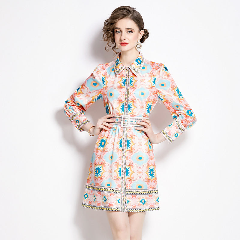 CM-DY002804 Women Elegant European Style Shirt Collar Long Sleeve Slim Mini Dress