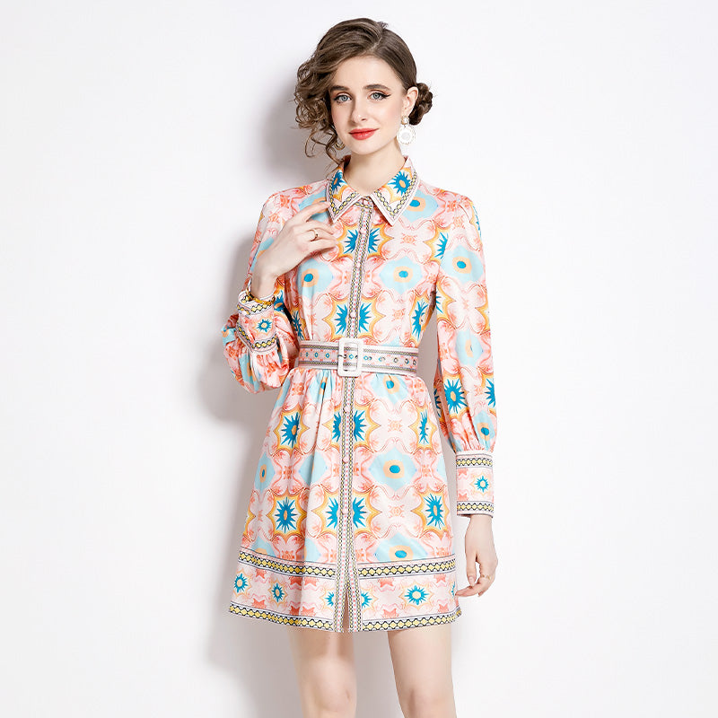 CM-DY002804 Women Elegant European Style Shirt Collar Long Sleeve Slim Mini Dress