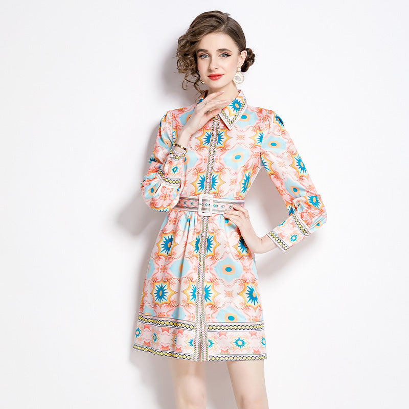CM-DY002804 Women Elegant European Style Shirt Collar Long Sleeve Slim Mini Dress