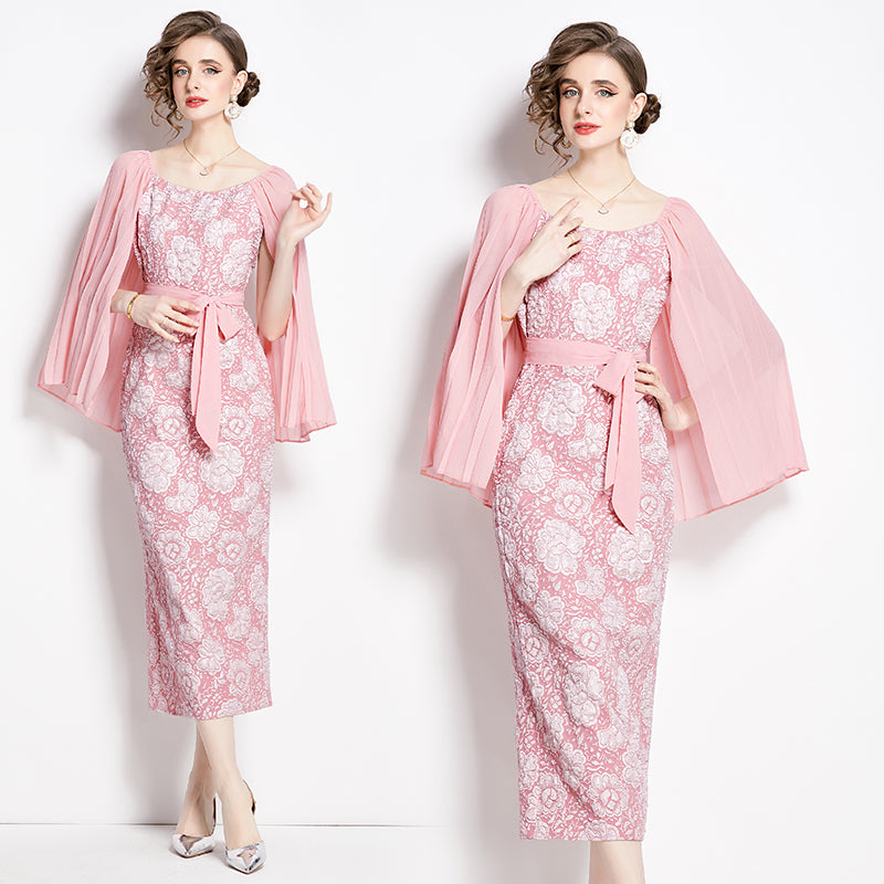CM-DY002808 Women Retro European Style Pinched Waist Splice Crimp Sleeve Dress - Pink