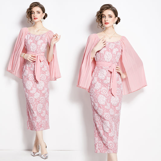 CM-DY002808 Women Retro European Style Pinched Waist Splice Crimp Sleeve Dress - Pink