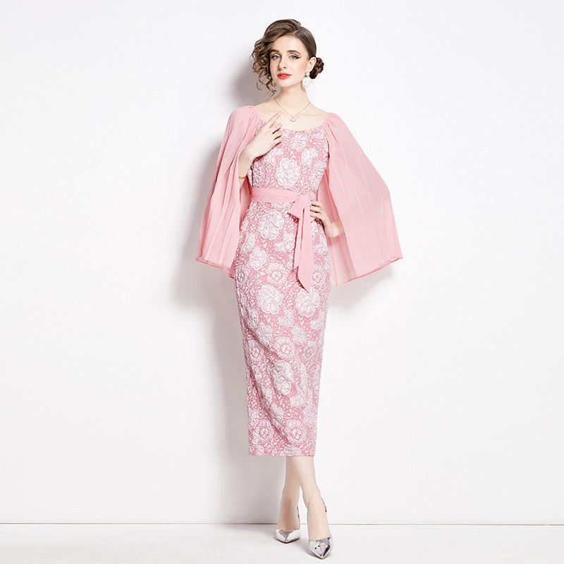 CM-DY002808 Women Retro European Style Pinched Waist Splice Crimp Sleeve Dress - Pink