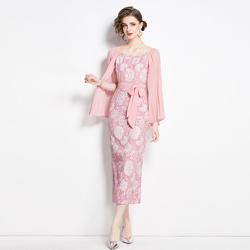 CM-DY002808 Women Retro European Style Pinched Waist Splice Crimp Sleeve Dress - Pink