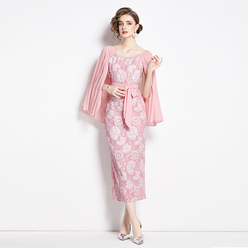 CM-DY002808 Women Retro European Style Pinched Waist Splice Crimp Sleeve Dress - Pink