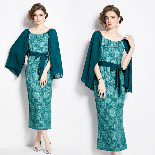 CM-DY002809 Women Retro European Style Pinched Waist Splice Crimp Sleeve Dress - Green