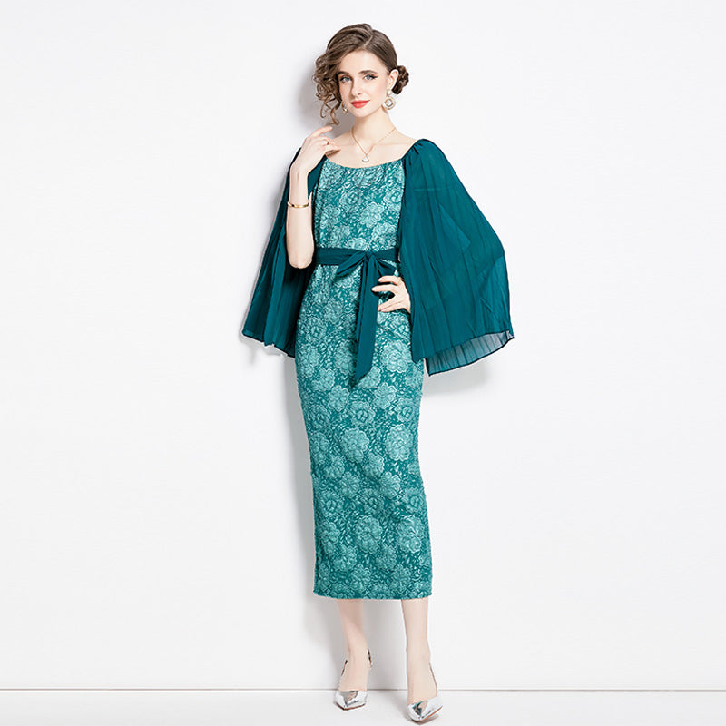 CM-DY002809 Women Retro European Style Pinched Waist Splice Crimp Sleeve Dress - Green