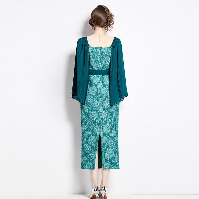 CM-DY002809 Women Retro European Style Pinched Waist Splice Crimp Sleeve Dress - Green
