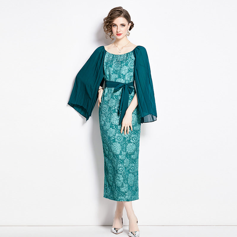 CM-DY002809 Women Retro European Style Pinched Waist Splice Crimp Sleeve Dress - Green