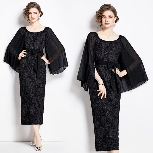 CM-DY002810 Women Retro European Style Pinched Waist Splice Crimp Sleeve Dress - Black