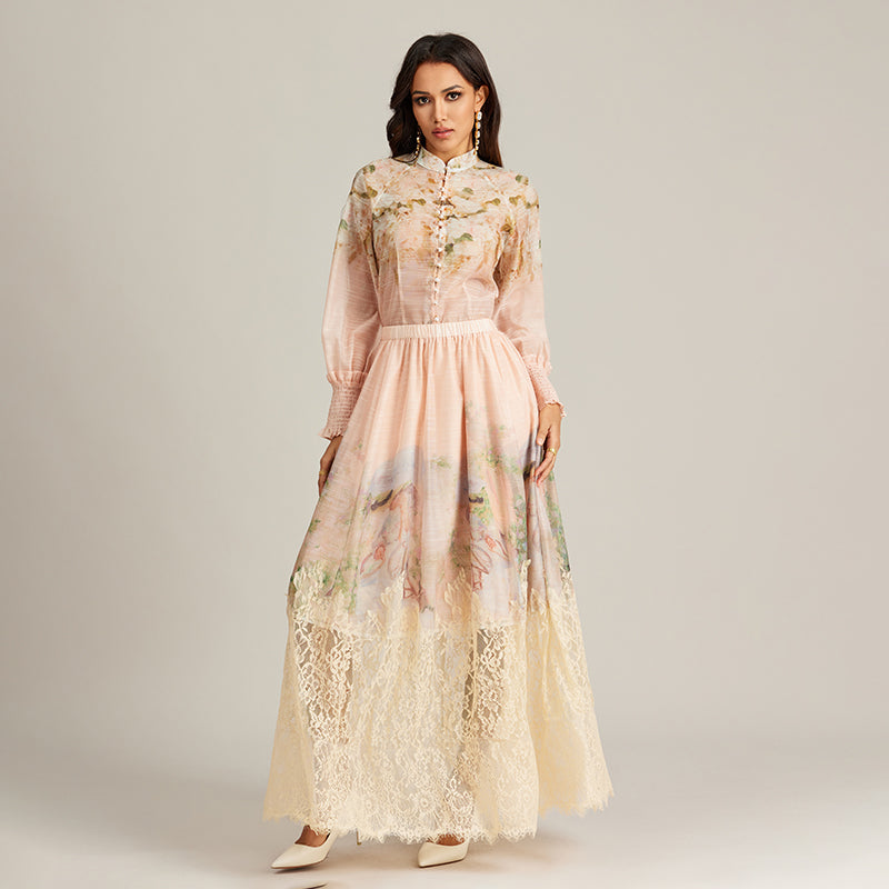 CM-SY002943 Women Elegant European Style Lace Stand Collar Long Sleeve Blouse With Maxi Skirt - Set