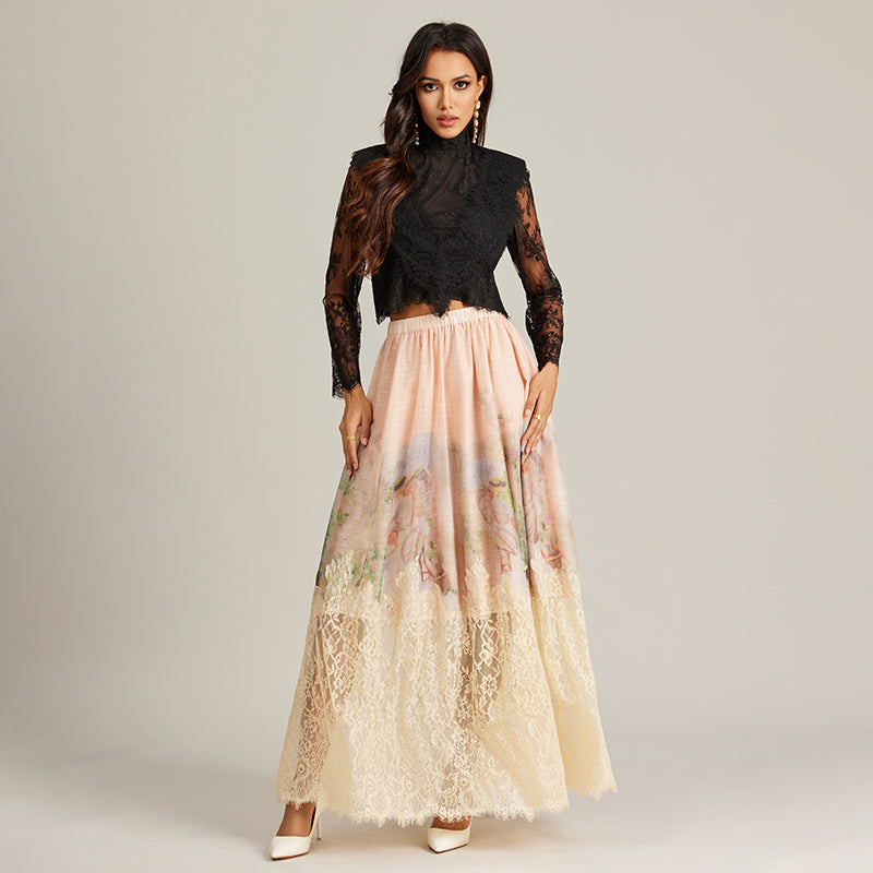 CM-SY002944 Women Elegant European Style Stand Collar Long Sleeve Lace Top With High Waist Long Skirt - Set (Availability in 2 colors)