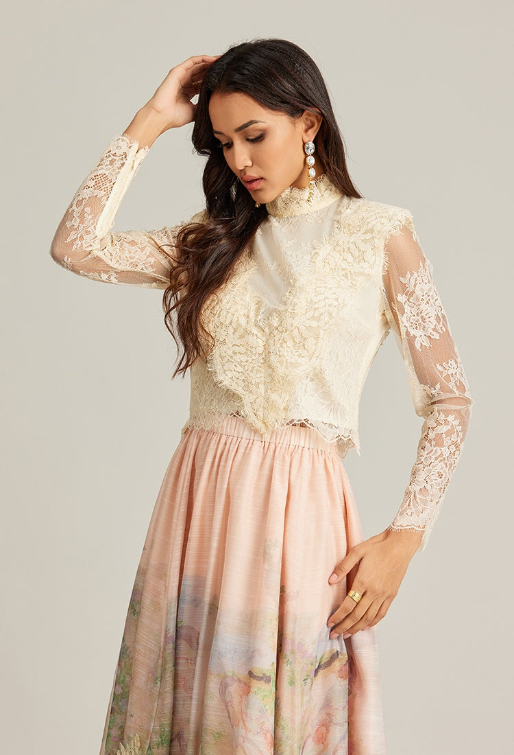 CM-SY002944 Women Elegant European Style Stand Collar Long Sleeve Lace Top With High Waist Long Skirt - Set (Availability in 2 colors)
