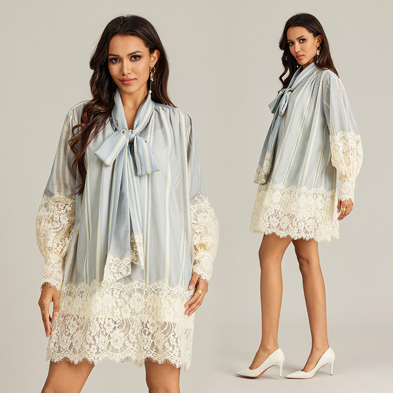 CM-DY002945 Women Elegant European Style Lapel Tie Neckline Lace Long Sleeve Mini Dress