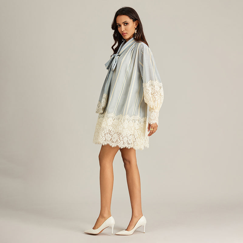CM-DY002945 Women Elegant European Style Lapel Tie Neckline Lace Long Sleeve Mini Dress