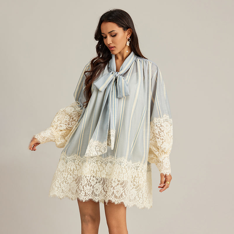 CM-DY002945 Women Elegant European Style Lapel Tie Neckline Lace Long Sleeve Mini Dress