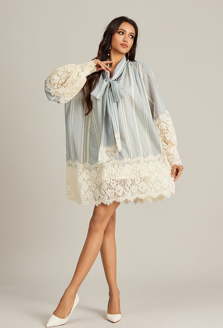 CM-DY002945 Women Elegant European Style Lapel Tie Neckline Lace Long Sleeve Mini Dress