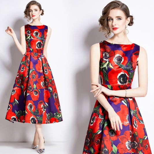 CM-DY003208 Women Elegant European Style Sleeveless High Waist A-Line Dress