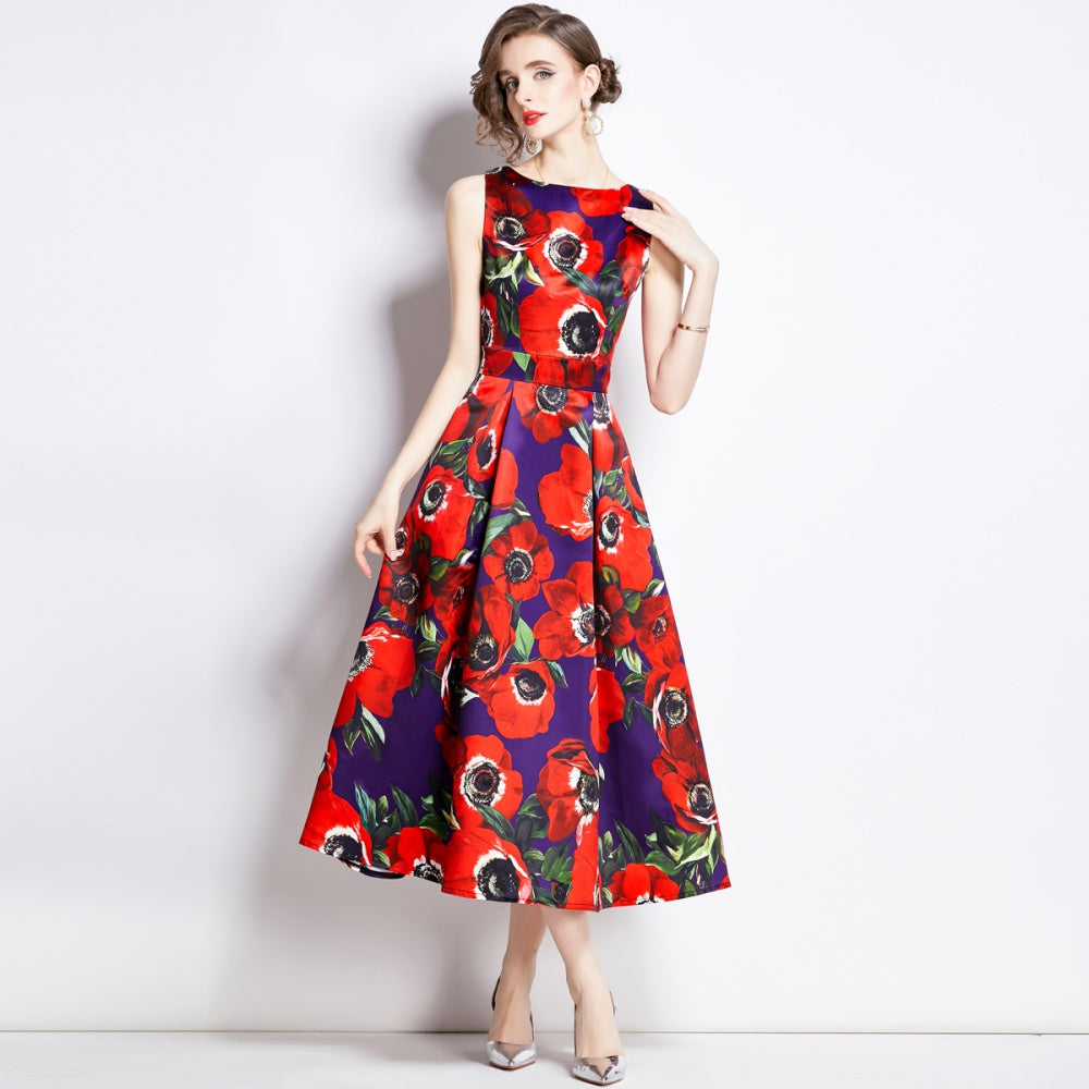 CM-DY003208 Women Elegant European Style Sleeveless High Waist A-Line Dress