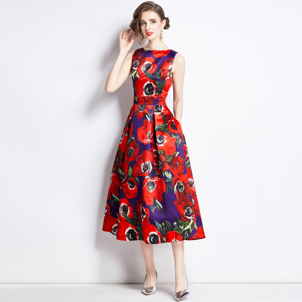 CM-DY003208 Women Elegant European Style Sleeveless High Waist A-Line Dress