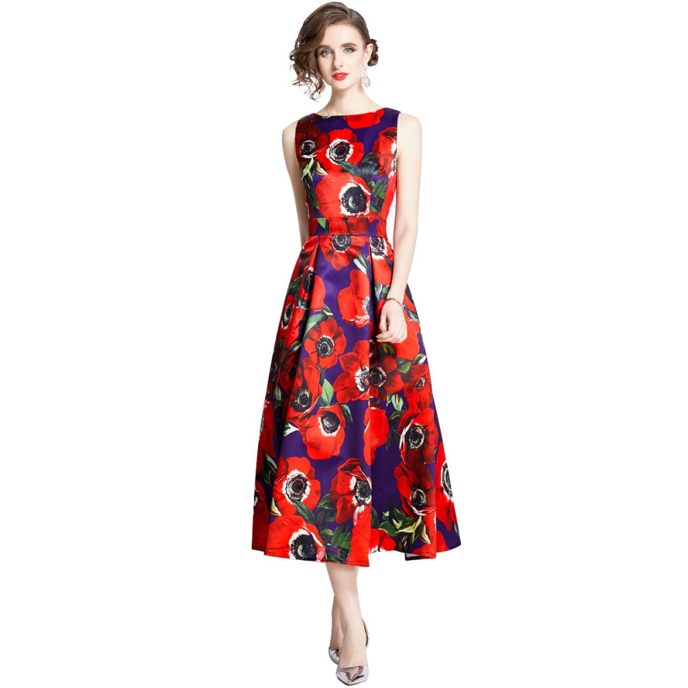 CM-DY003208 Women Elegant European Style Sleeveless High Waist A-Line Dress