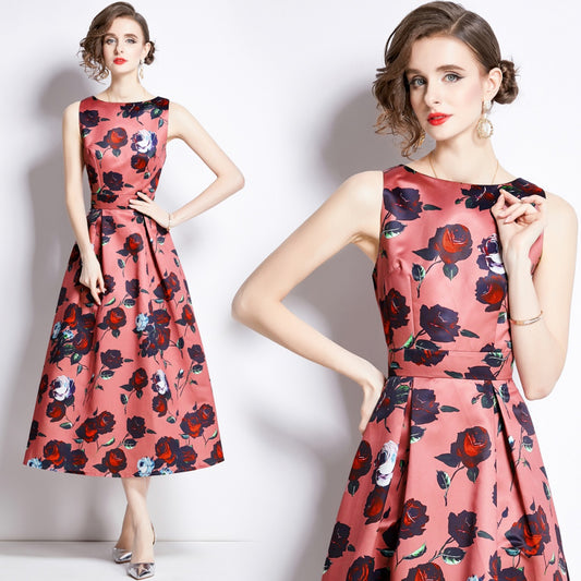 CM-DY003209 Women Elegant European Style Sleeveless Pinched Waist A-Line Dress