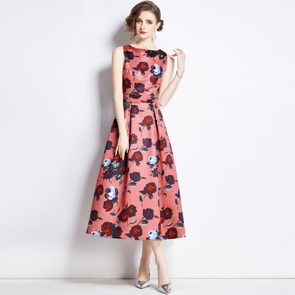 CM-DY003209 Women Elegant European Style Sleeveless Pinched Waist A-Line Dress