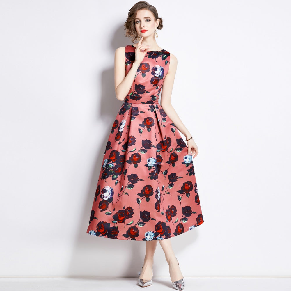 CM-DY003209 Women Elegant European Style Sleeveless Pinched Waist A-Line Dress