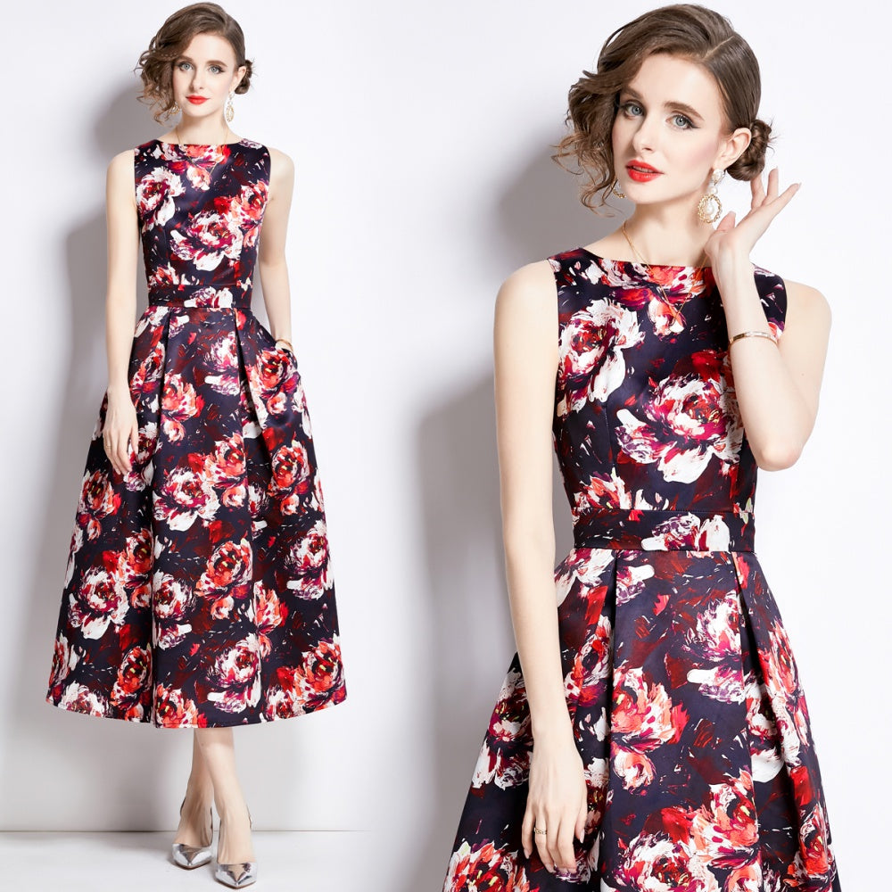 CM-DY003210 Women Elegant European Style Round Neck Sleeveless Pinched Waist Dress